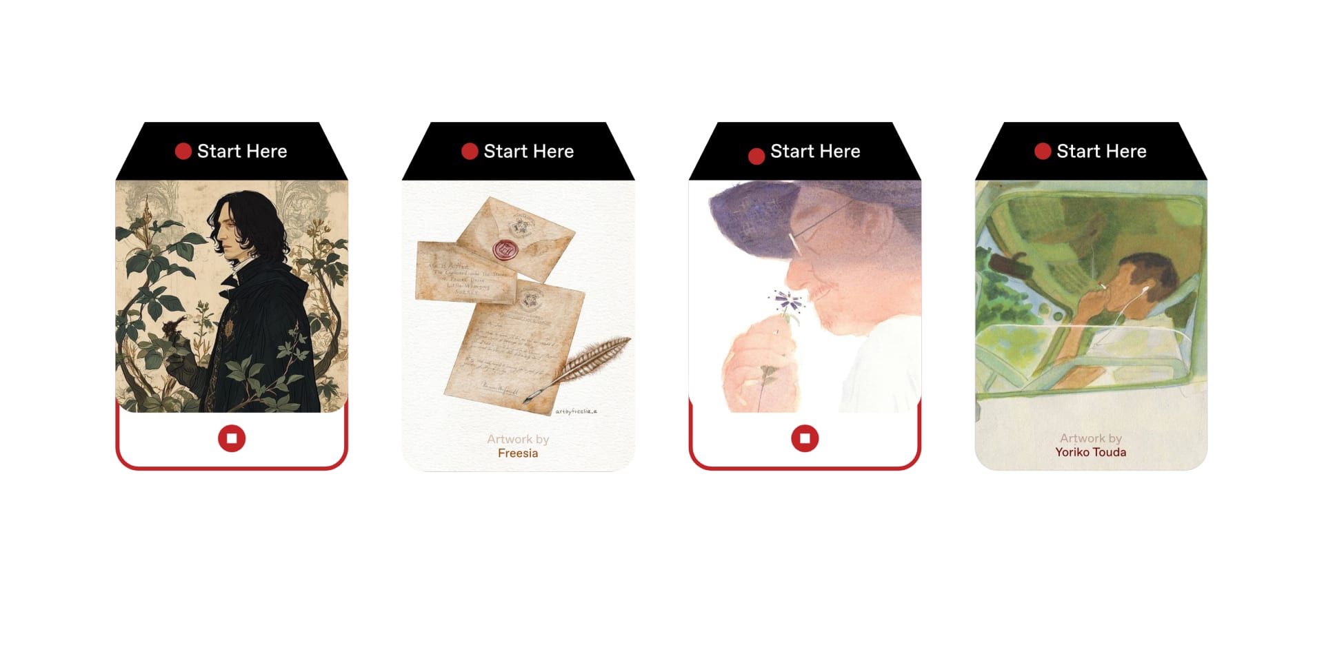 Four Prosemark cards with “Start Here” tabs and illustrated covers