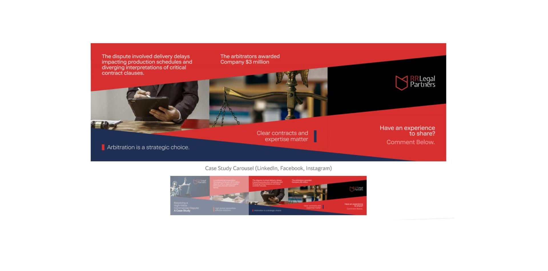 An RR Legal case-study carousel for LinkedIn, Facebook and Instagram