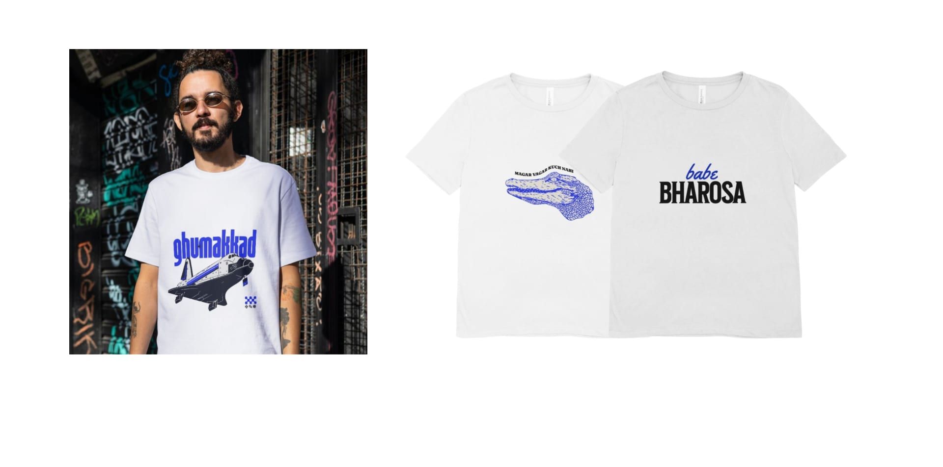 A man in a Mononym graphic T-shirt, beside two printed T-shirts