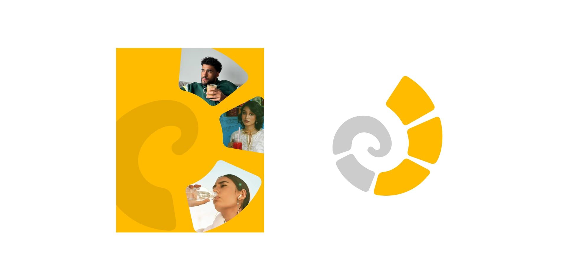 A yellow multi-tab layout holding three photos, beside the mark
